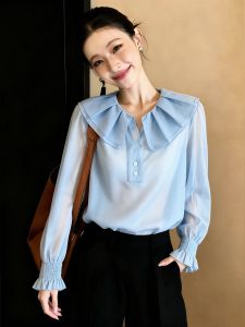 SHUAIYUE | Áo Sơ Mi Xanh Nhạt Mỏng Rộng Có Cổ Peter Pan Nếp Nhăn Pháp