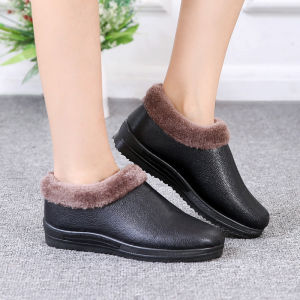Winter Womens Thermal Shoes Fleece-lined Thickened Leather Waterproof Non Slip K-style Casual Versatile Mom Shoes Slip-on Middle-Aged and Elderly