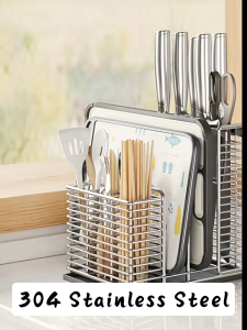 CozE 304 Stainless Steel Utensil Organizer Desk Top Knife Storage Rack Cutting Board and Knife Stand