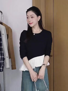 เสื้อยืดคอกลมแขนยาวทรงหลวมสไตล์เกาหลีสำหรับผู้หญิงในช่วงต้นฤดูใบไม้ผลิ ดีไซน์เรียบง่าย สไตล์วินเทจฝรั่งเศส ไม่ซ้ำใคร