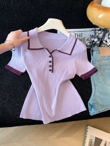 Henley Color-Blocked Short Sleeve Knit T-Shirt Slim Fit