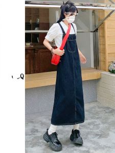 Retro Deep Blue เดนิม ชุดเอี๊ยม สไตล์เกาหลี Ageless หลวม พรางหุ่น หลากหลาย ความยาวปานกลาง เดรส กระโปรงทรงเอ สูง เอว ไม่มีแขนเสื้อ