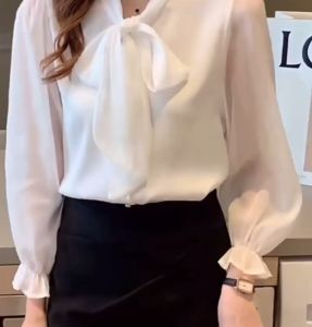Korean retro design niche loose top bow chiffon white shirt long sleeve shirt for women