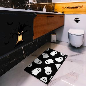 Vikama Black Ghost Bathroom Rug Soft and Absorbent Halloween Bath Mat Non Slip Washable Bathroom Home Holiday Decor Area Rug