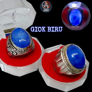 Cincin Giok Biru Blue Kristal Tembus Plong Cina Burma Asli Pria Wanita Dim 18x13