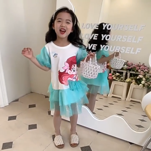 👧👗เดรสเด็กผู้หญิง Mermaid พิมพ์การ์ตูนน่ารัก แขนกุ๊นปั๊ม 👗 ซัมเมอร์ 2025 ผ้าเย็นสบาย