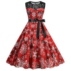 round Neck Lace Splicing Christmas Plaid Midi Sleeveless Dress Side Zipper Waist Belt Included Womens Dress Commute Style Printed Polyester Cotton Blend Princess Skirt a Line