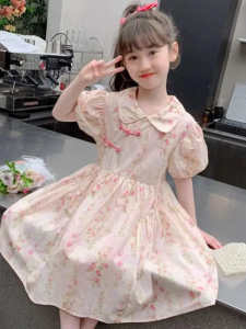 Princess Style Floral Print Girls Dress Summer New Fashion Hanfu Skirt Childrens Clothing Cotton Polyester Blend Midi Dress