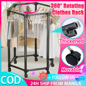 360° Rotating Clothes Drying Rack With Wheels Thickened Metal Drying Rack 6-Corner Hanging Clothes Hanger Organizer Movable Multi-functional Rack Heavy Duty For Indoor Outdoor Laundry Room Balcony Bedroom