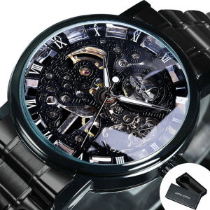 T-WINNER | WINNER Black Fashion Mechanical Watch for Men Business Skeleton Automatic Watches Stainless Steel Strap Retro Wristwatches New