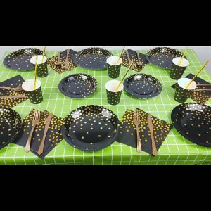 🇲🇾 Black Gold Dot Plate Theme Party Girlfriend Birthday Disposable Cup Spoon Fork Tableware Wedding Decoration Supplies