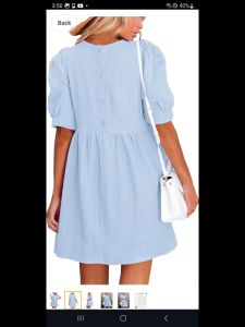 SKYBLUE CREW NECK HIGH-WAIST PUFF SHORT SLEEVES DRESS - Medium