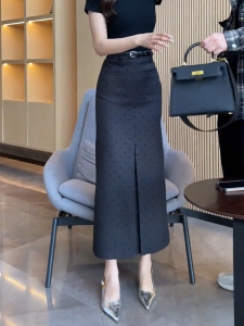 Deep Grey Polka Dot Commute High Waist Suit Skirt Womens Summer New Long Loose A-Line Skirt Korean Style Half Body Skirt