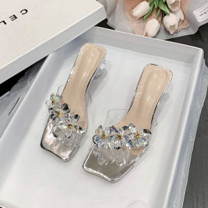 Dép Cao Gót Mùa Hè Cho Nữ Đế Xuồng Ngọc Trai Hoa Trong Suốt Đế Cao Su Thường Ngày Giày Lười Mũi Tròn