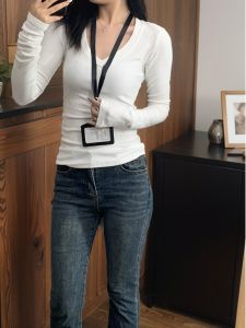 Áo Thun Dài Tay Cổ Chữ V Màu Trắng Ôm Vừa Vặn Mùa Thu Đông Lót Lông Cừu Bên Trong Áo Ấm Có Thể Mặc Ngoài Trời Áo Sơ Mi Cơ Bản