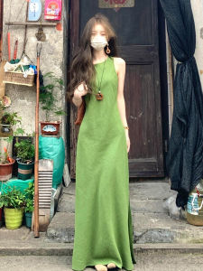 LIRENQING | Summer Sleeveless Halter Neck Green Dress Waist-accentuating