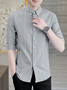 HENGYUANXIANG | High-End Striped Ice Silk Casual Shirt Short Sleeve Summer New Style Slim Fit Mens Button Down Polyester Cotton Blend Shirt