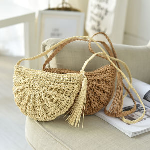 Women Bali Rattan Beach Sling Bag Straw Girl Semicircle Tassel Shoulder