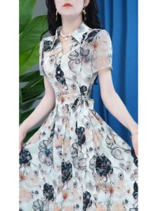 Retro High Waist Printed Dress Womens Fashionable Belted Slimming Midi Skirt Korean Style Polyester Summer New Arrival
