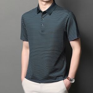 ROMON | Áo thun polo tay ngắn mùa hè mỏng rộng rãi bằng lụa băng cho nam cổ bẻ kẻ sọc tay lửng thời trang công sở thường ngày