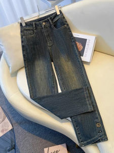 High Waist Distressed Cement Grey Womens Straight Leg Jeans Nine-Piece Autumn New Style Pure E-commerce Sale Blue Denim