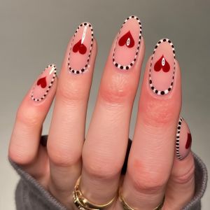 Medium almond fake nails for women girls red pink heart with polka dots design for Valentines Day manicure press on false nail