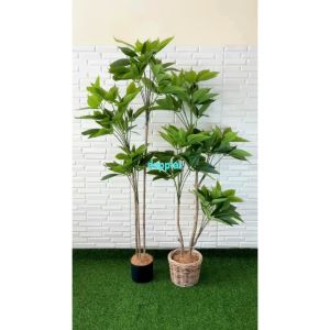 Pohon Artificial Tanaman Plastik Daun Manggis T150 & T170 Latex Cover Pot Anyaman Rotan Bulat Dekorasi Sudut Rumah