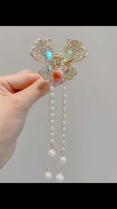 F4 Jepit Rambut Kupu Kupu Permata Rumbai Mutiara Korean Rhinestone Butterfly Tassel Hair Claw HBT