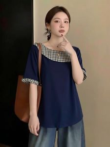 AIYITI | Plaid Panel Short Sleeve Off Shoulder Slimming Oversized T-shirt