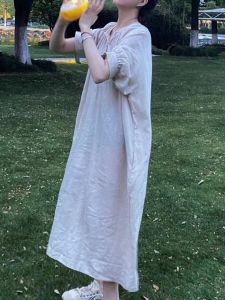 Summer Lazy Style Linen Cotton Dress: High Design Sense A-Line Long Skirt & Vintage Japanese Loose Waist Design