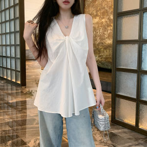 GUZILIAN | Summer Sweet Simple Knot Strap Vest Women Outerwear Loose V-neck Casual Lazy Top Elegant Loose Fit Pure Color Fashion Design