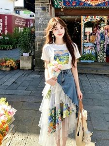 NUANPING | Pretty & Pure Relaxed Fit Printed T-Shirt Jeans Patchwork Skirt Set