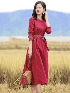 Spring and Autumn Linen Vintage Long-Sleeved Red Dress Womens Clothing Temperament Youthful-Looking Mid-Length Dress Waist-Controlled Lace-up Large Swing Skirt