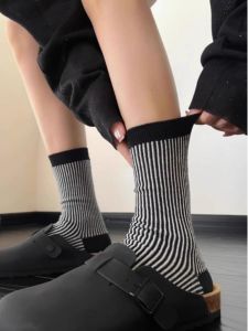 Retro Black and White Striped Mid-Calf Socks Womens Spring Toeless Thickening