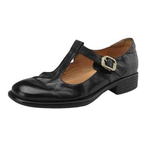 Fashionable Black Mary Jane Flat Heel Shoes Womens Genuine Leather round Head T-Strap Single Shoes Retro Style Casual Footwear