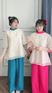 QC_ Set pháp phục mặc Tết set đồ lam đi lễ áo Voan Tơ viền cổ cao kèm quần dài Tuyết Nhung