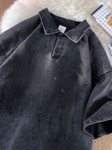 Washed Lapel Polo Shirt Short-Sleeved Mens American Retro Heavy Weight Loose Trendy Mens Summer Half-Sleeve T-shirt Tops