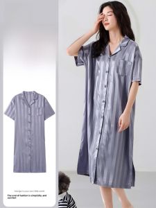 miiow | MiiOW Ice Silk Sleepwear 2025 New Summer Lightweight Cool Feeling Short Sleeve Womens Nightgown Home Clothes Simple Style