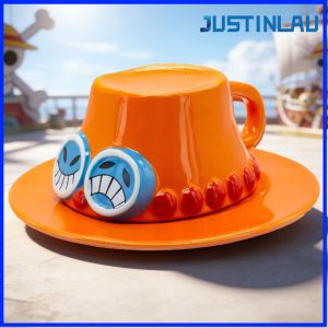 JUSTINLAU 250ML Creative Anime Coffee Mug Handmade Ceramics Pirate Hat Mug with Plate Breakfast Milk Cup Gift for Best Friend