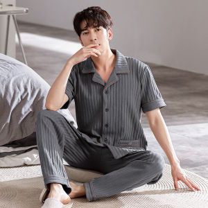 Mens Summer New Pure Cotton Sleepwear Short Sleeve Long Pants Home Clothes Casual Two-Piece Set Can Be Worn outside