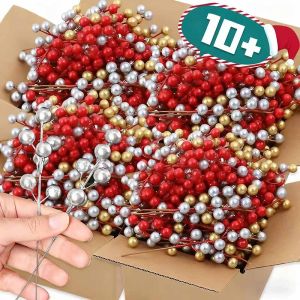 10Pcs Christmas Artificial Holly Berries Mini Fake Red Silver Gold Berries DIY Flower Wreath Xmas Tree Ornaments