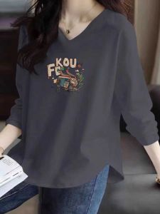 เสื้อยืดคอกลมแขนยาวผ้าฝ้ายแท้ 100% ทรงหลวม สำหรับผู้หญิง ฤดูใบไม้ผลิและฤดูใบไม้ร่วง เสื้อชั้นในแฟชั่น คอกลม ขนาดใหญ่