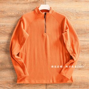 Outdoor Grid Velvet 3D Tailoring Mens Sport Casual Collar Half Zipper Fleece Long Sleeve T-Shirt Youth Popular Standard Fit Polyester Fiber