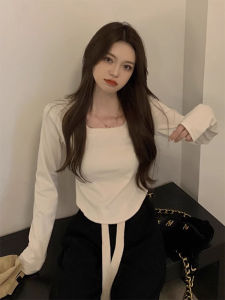 เสื้อยืดคอกลมแขนยาวทรงสลิมฟิตสำหรับผู้หญิง ผ้าฝ้ายผสม PU นุ่มสบาย ลำลอง ฤดูใบไม้ร่วง/ฤดูหนาว เสื้อชั้นในสีขาว ทรงเข้ารูป