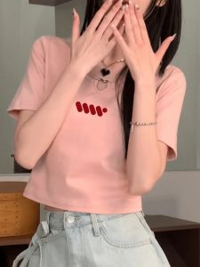 Korean Style Pure Desire Pink Short Sleeve T-Shirt Women Summer Design Unique Print Slim Hollow Spicy Girl Top round Neck Short Length