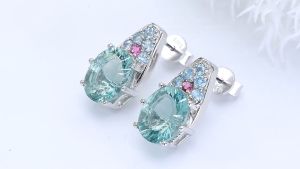 Natural Gemstone Stud Earrings: Colorful Fluorite Tourmaline Apatite Solid 925 Sterling Silver