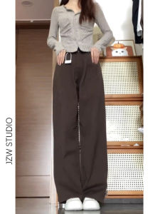Brown Fleece Lined Wide Leg Pants High Waist Thickened Autumn Winter Womens Loose Straight Cut Draping Floor Length Trousers