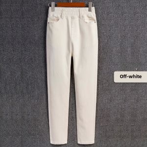 High Waist White Denim Jeans Womens Elastic Waist Skinny Nine-Piece Pants Spring Autumn Long Cotton Stretch Denim Skinnies