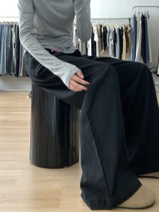 High Waist Wide Leg Denim Jeans Womens Loose Drapey Straight Cut Floor-Length Trousers Casual Style Water Washed Multi-Pocket