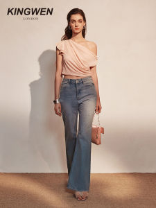 KINGWEN Summer New Asymmetric Pleated Shoulder Slimming Top Womens Business Casual Short Sleeve Moisture Wicking Thin Model